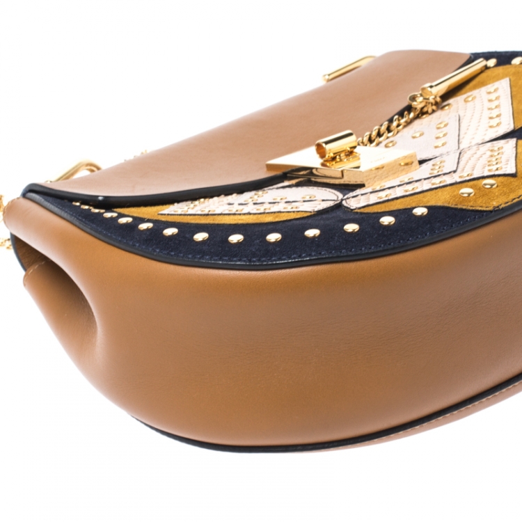 Pre Owned Chloe Caramel Leather Medium Drew Studded Patchwork Shoulder Bag