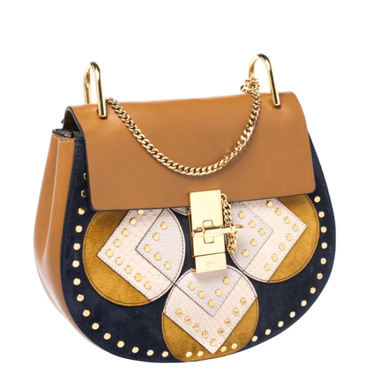 Pre Owned Chloe Caramel Leather Medium Drew Studded Patchwork Shoulder Bag