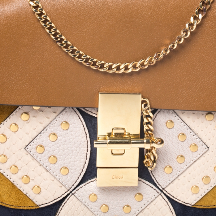 Pre Owned Chloe Caramel Leather Medium Drew Studded Patchwork Shoulder Bag