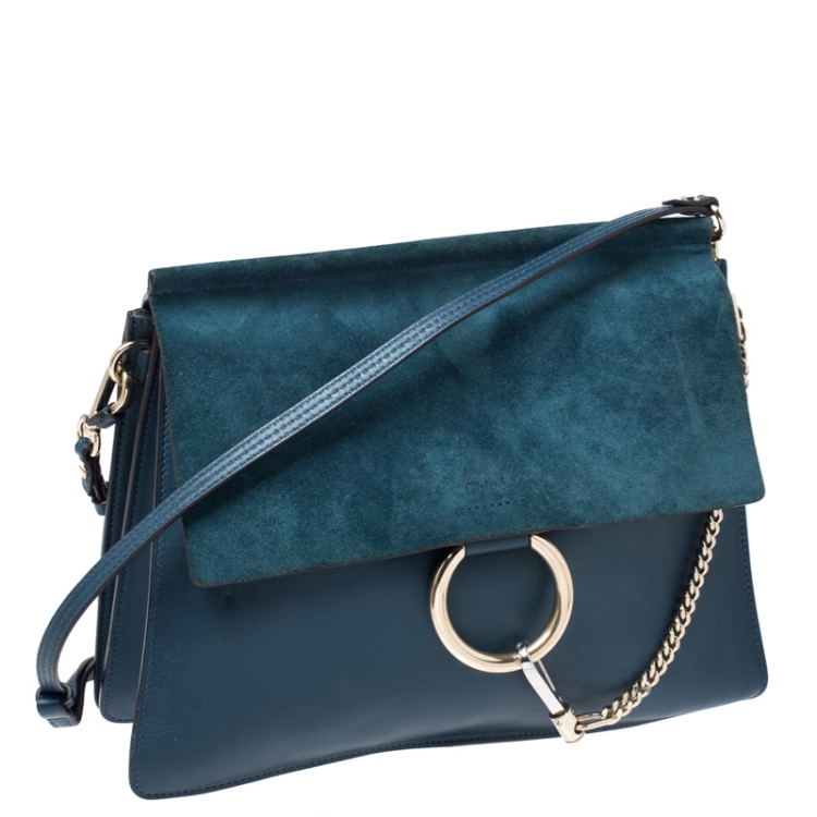 Pre Owned Chloe Dark Blue Leather and Suede Medium Faye Shoulder Bag