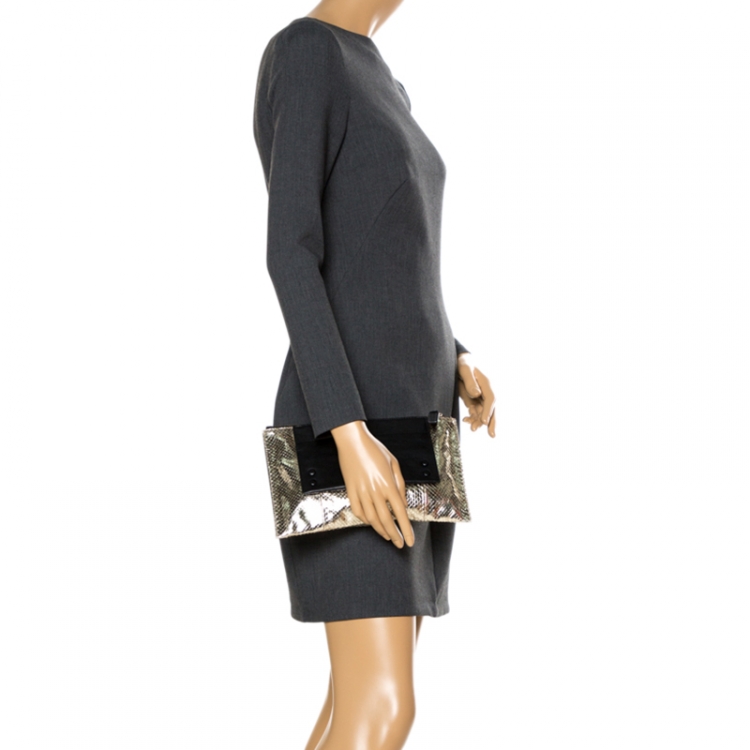 Pre Owned Chloe Metallic Gold/Black Python and Leather Clutch