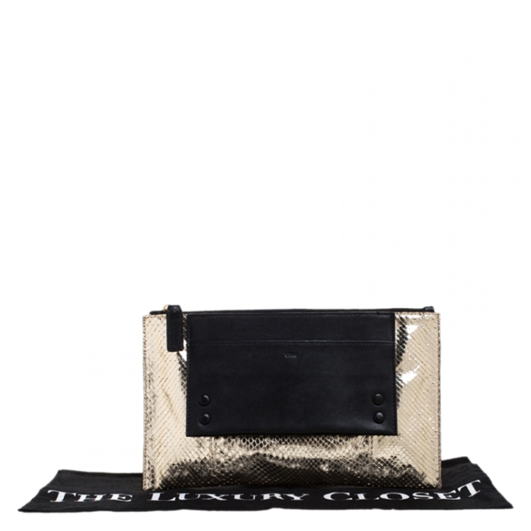 Pre Owned Chloe Metallic Gold/Black Python and Leather Clutch