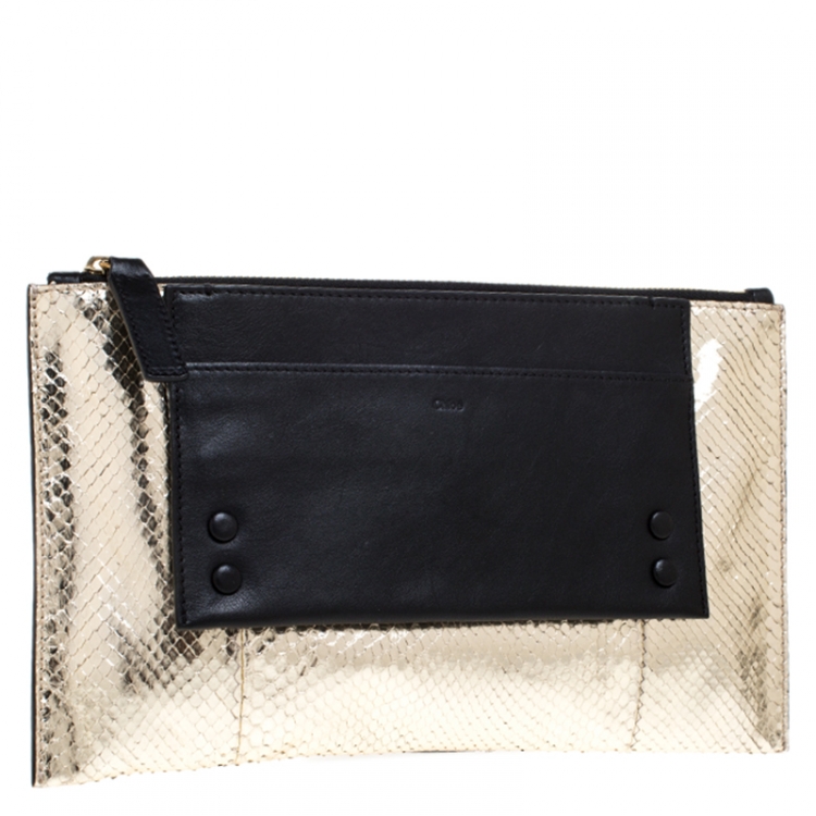 Pre Owned Chloe Metallic Gold/Black Python and Leather Clutch