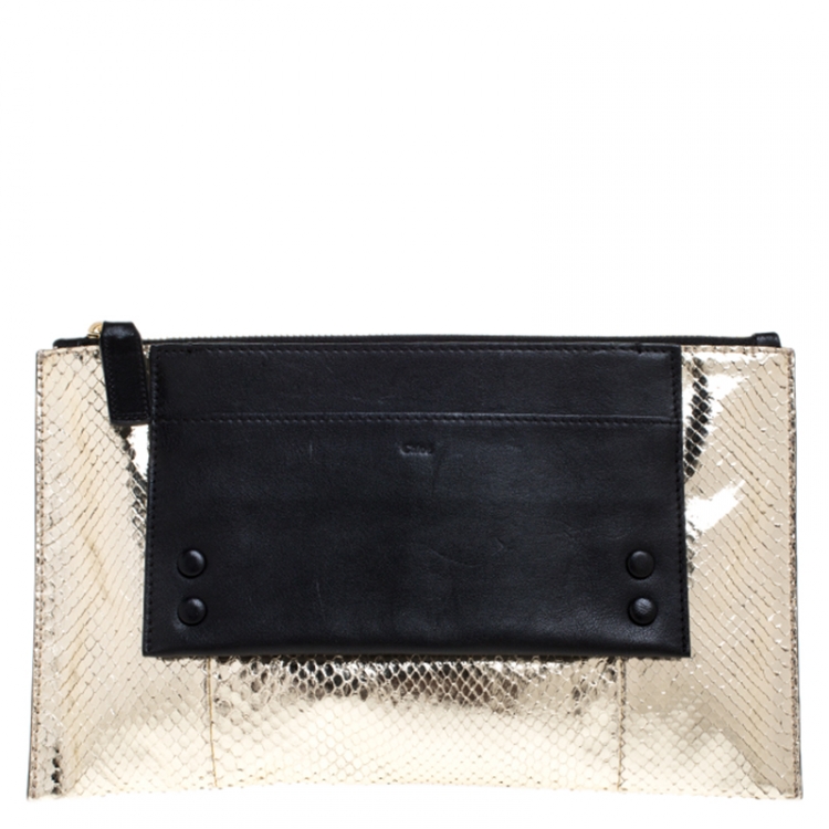 Pre Owned Chloe Metallic Gold/Black Python and Leather Clutch