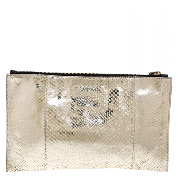 Pre Owned Chloe Metallic Gold/Black Python and Leather Clutch