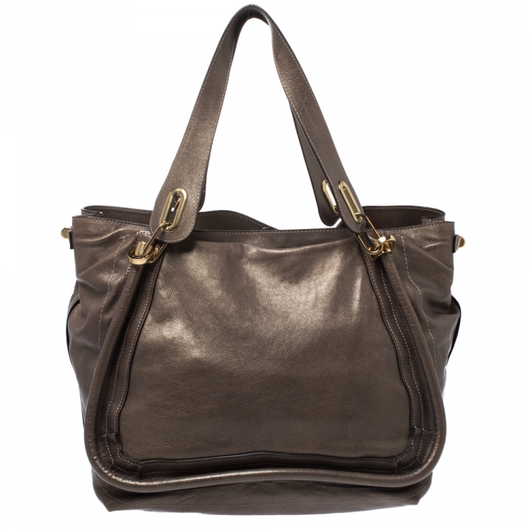 Pre Owned Chloe Olive Green Leather Large Paraty Shopper Tote