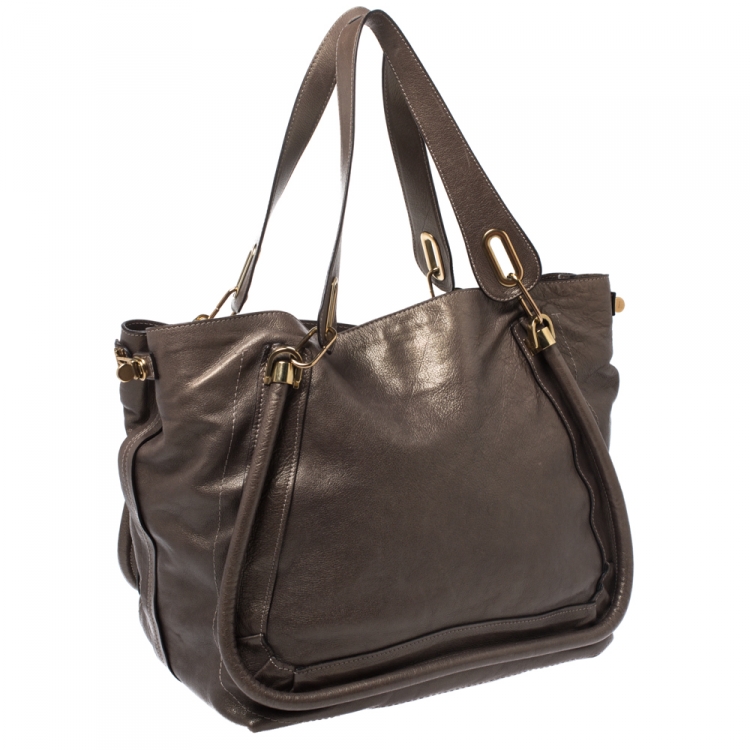 Pre Owned Chloe Olive Green Leather Large Paraty Shopper Tote
