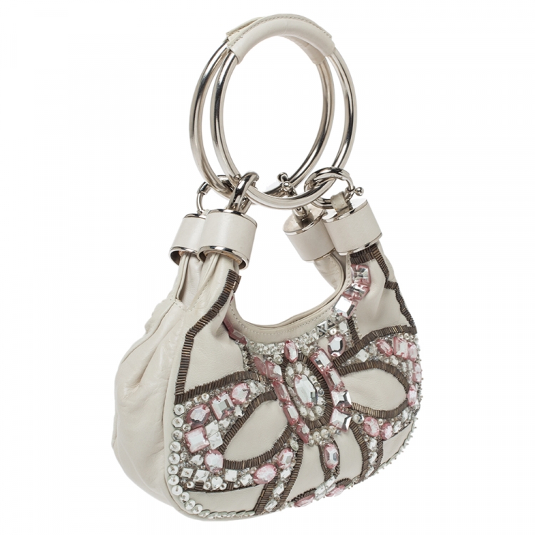 Pre Owned Chloe White Crystal Embellished Leather Double Ring Handle Bag