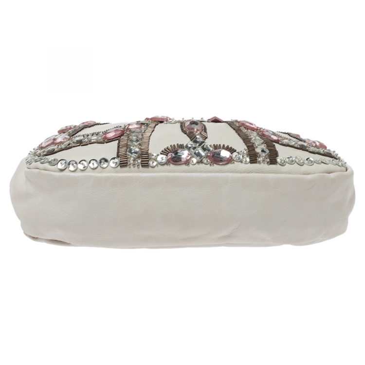 Pre Owned Chloe White Crystal Embellished Leather Double Ring Handle Bag