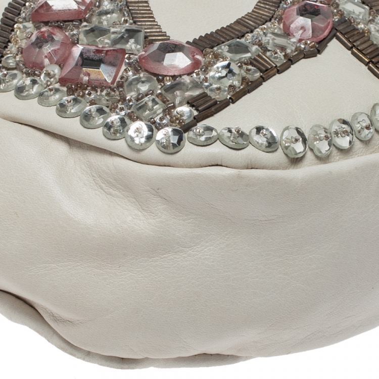 Pre Owned Chloe White Crystal Embellished Leather Double Ring Handle Bag