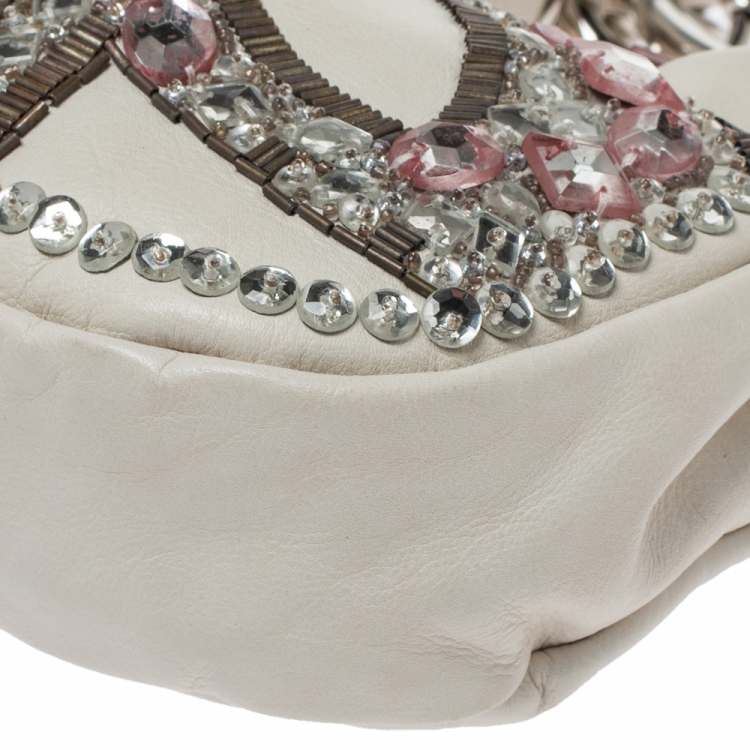 Pre Owned Chloe White Crystal Embellished Leather Double Ring Handle Bag