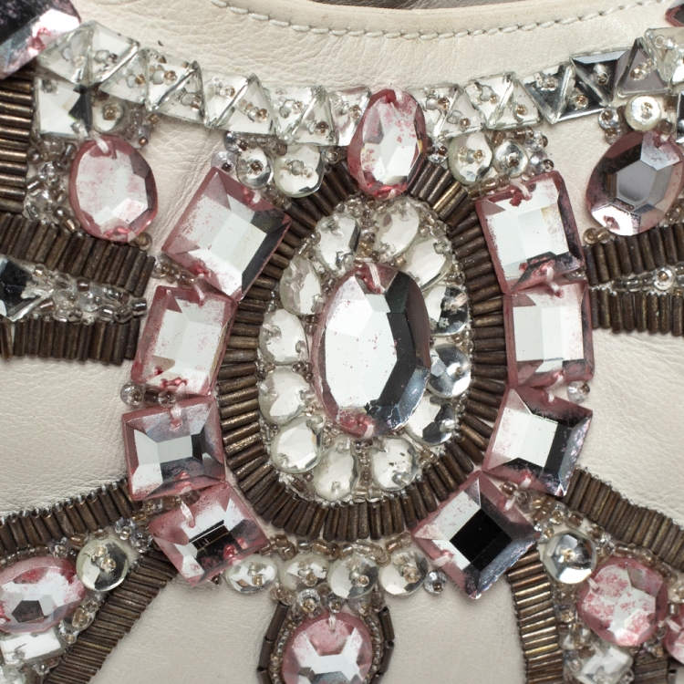 Pre Owned Chloe White Crystal Embellished Leather Double Ring Handle Bag