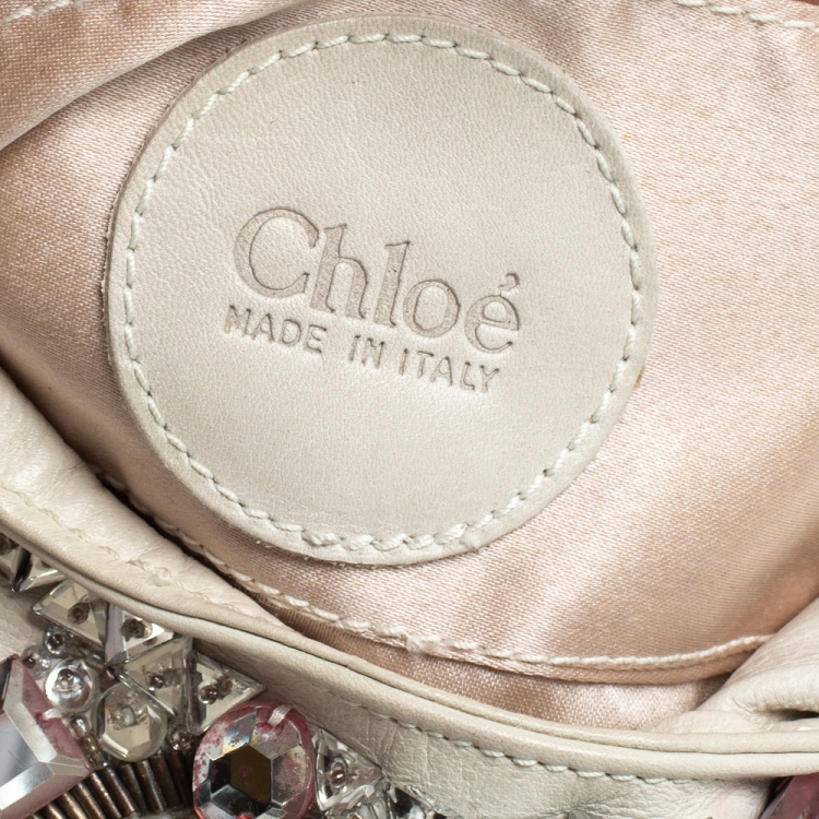 Pre Owned Chloe White Crystal Embellished Leather Double Ring Handle Bag