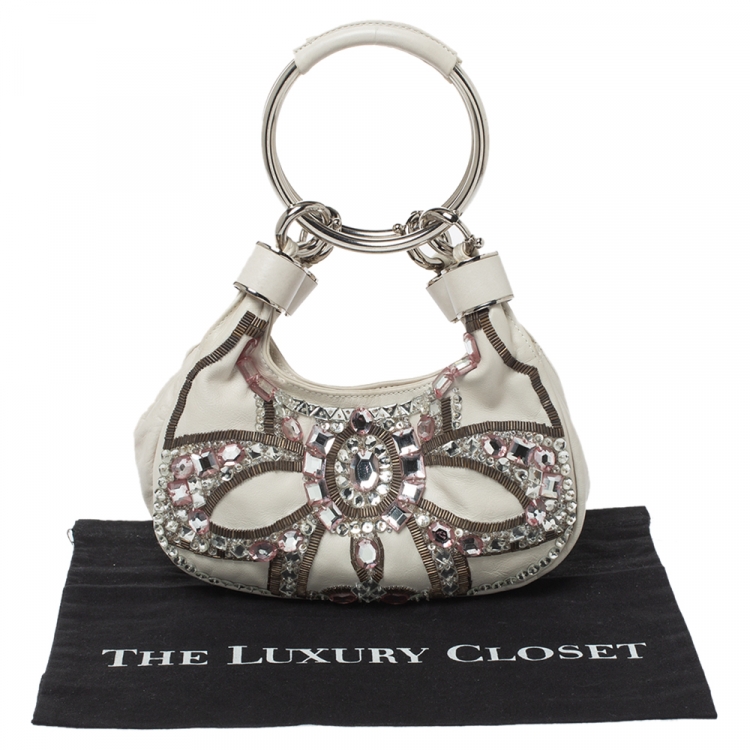 Pre Owned Chloe White Crystal Embellished Leather Double Ring Handle Bag