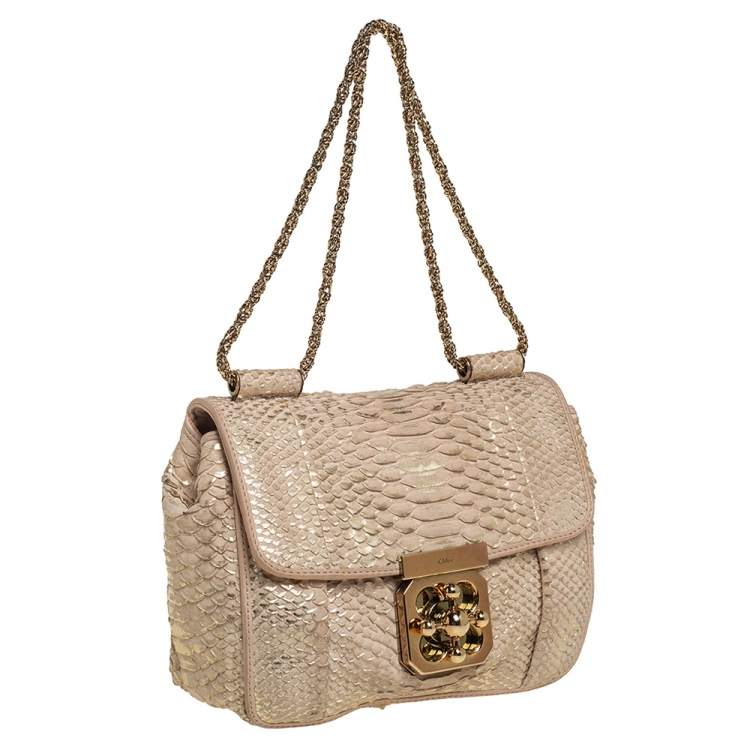 Pre Owned Chloe Metallic Beige Python Small Elsie Shoulder Bag