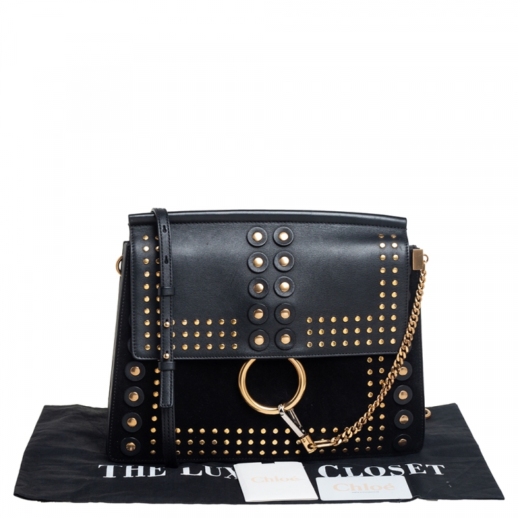 Pre Owned Chloe Black Leather and Suede Studded Medium Faye Shoulder Bag