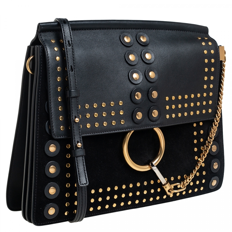 Pre Owned Chloe Black Leather and Suede Studded Medium Faye Shoulder Bag
