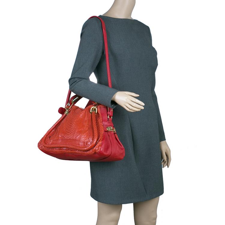 Pre Owned Chloe Red Python Medium Paraty Shoulder Bag