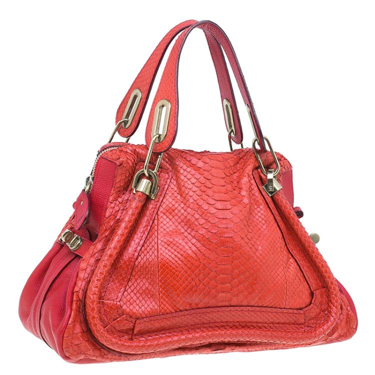 Pre Owned Chloe Red Python Medium Paraty Shoulder Bag