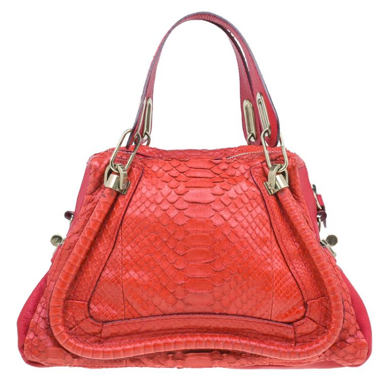 Pre Owned Chloe Red Python Medium Paraty Shoulder Bag