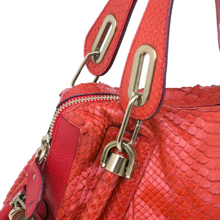 Pre Owned Chloe Red Python Medium Paraty Shoulder Bag