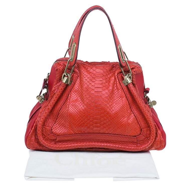 Pre Owned Chloe Red Python Medium Paraty Shoulder Bag
