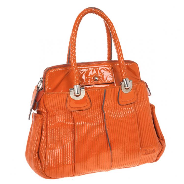 Pre Owned Chloe Orange Patent Leather 'Heloise' Quilted Tote