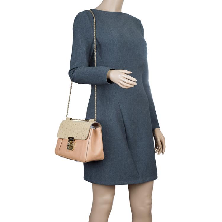 Pre Owned Chloe Beige Bi Color Ostrich and Leather Medium Elsie Shoulder Bag