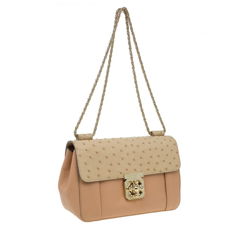 Pre Owned Chloe Beige Bi Color Ostrich and Leather Medium Elsie Shoulder Bag