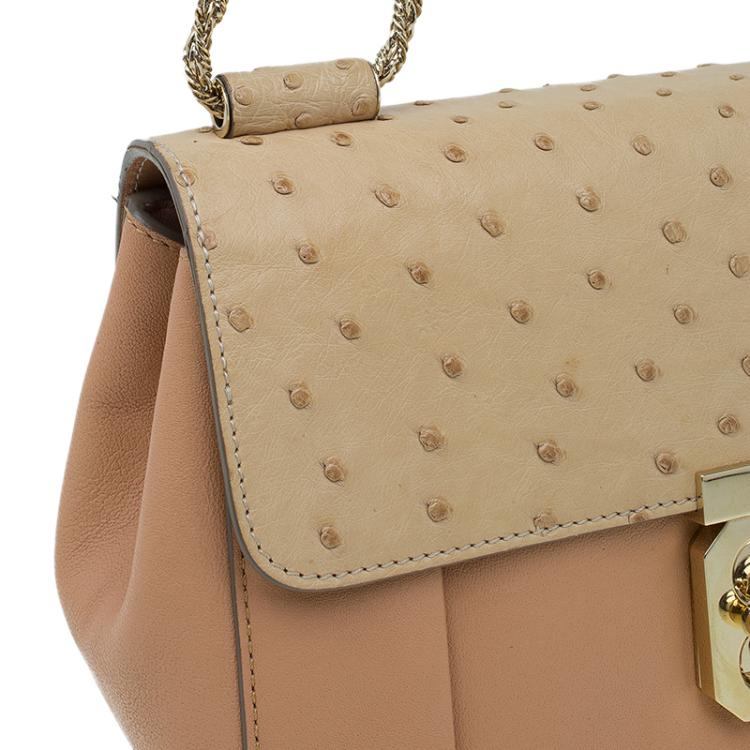 Pre Owned Chloe Beige Bi Color Ostrich and Leather Medium Elsie Shoulder Bag