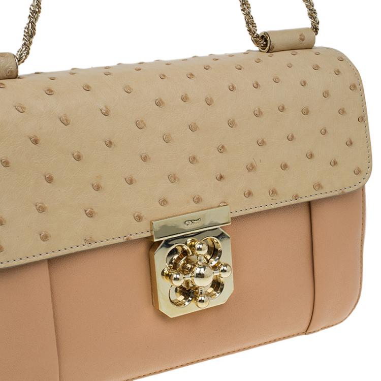 Pre Owned Chloe Beige Bi Color Ostrich and Leather Medium Elsie Shoulder Bag