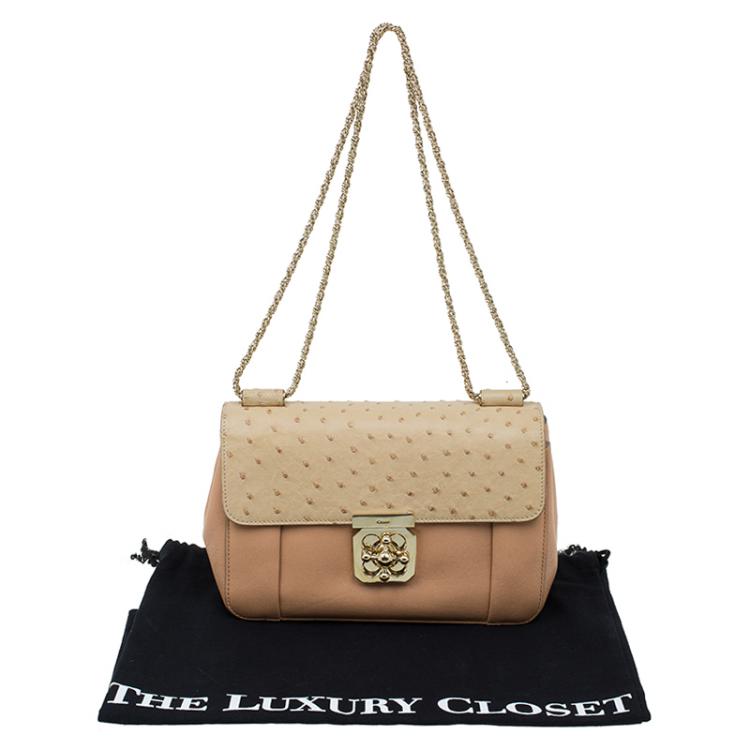 Pre Owned Chloe Beige Bi Color Ostrich and Leather Medium Elsie Shoulder Bag