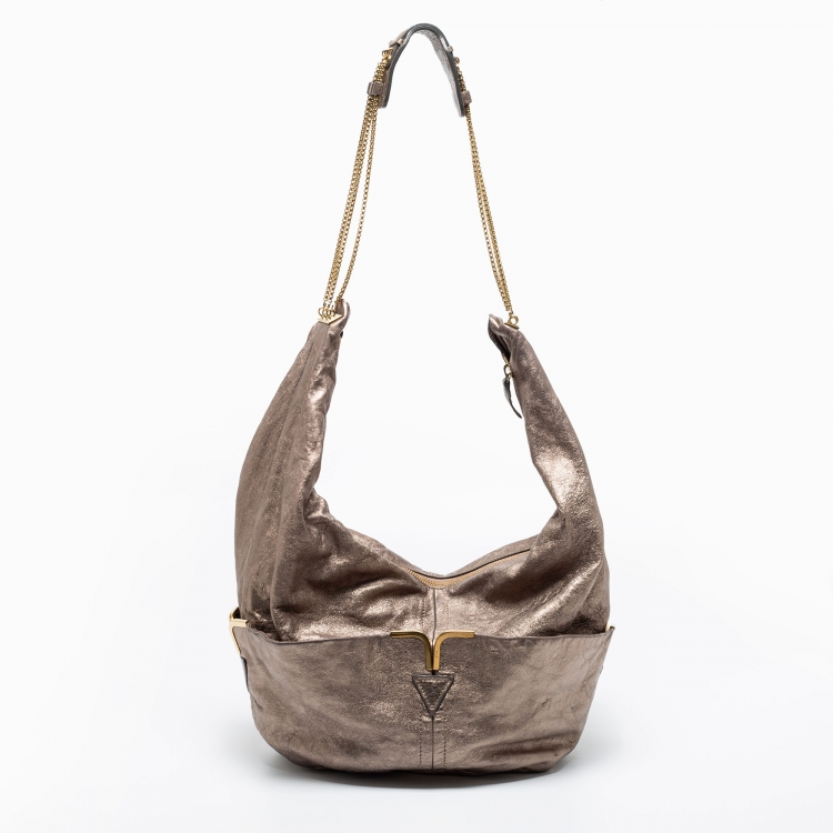 Pre Owned Chloe Metallic Grey Leather Milton Triple Chain Hobo Bag