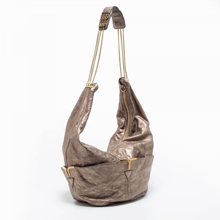 Pre Owned Chloe Metallic Grey Leather Milton Triple Chain Hobo Bag