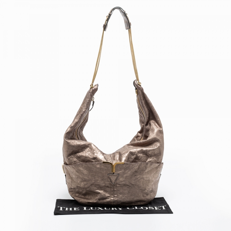 Pre Owned Chloe Metallic Grey Leather Milton Triple Chain Hobo Bag