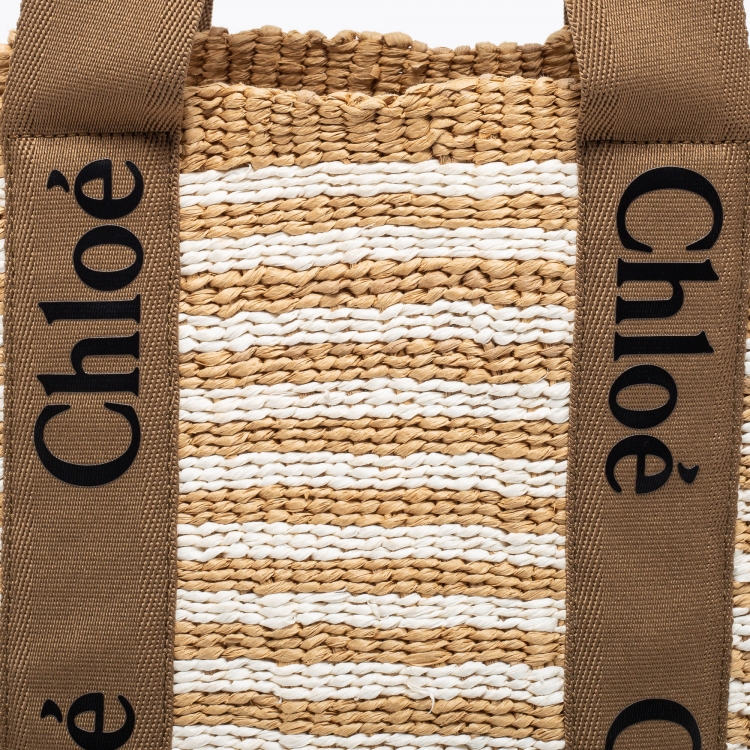 Pre Owned Chloe Beige/White Raffia Large Woody Tote