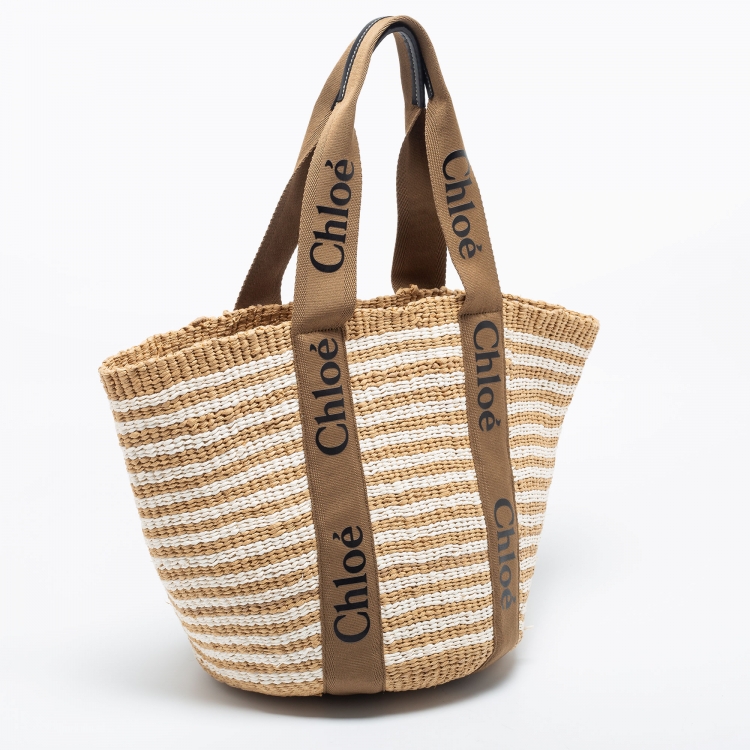 Pre Owned Chloe Beige/White Raffia Large Woody Tote