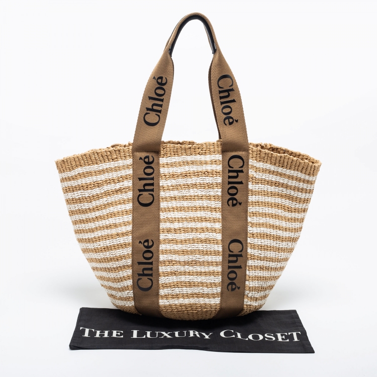 Pre Owned Chloe Beige/White Raffia Large Woody Tote