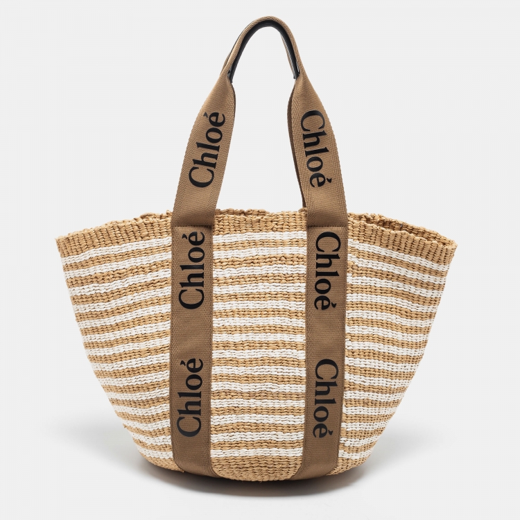 Pre Owned Chloe Beige/White Raffia Large Woody Tote