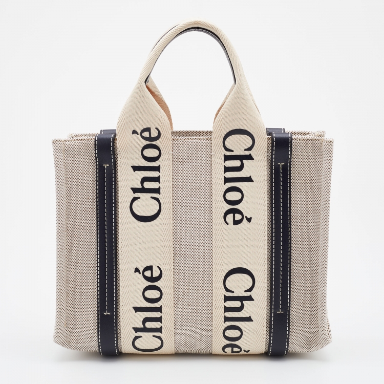 Pre Owned Chloe Beige/Black Canvas and Leather Small Woody Tote