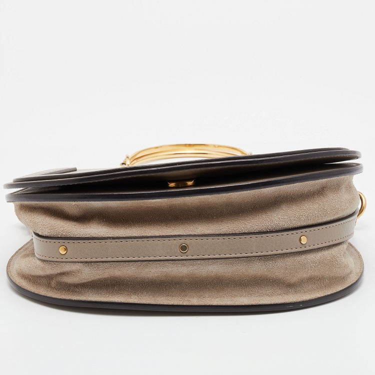 Pre Owned Chloe Khaki Grey Leather and Suede Medium Nile Bracelet Top Handle Bag