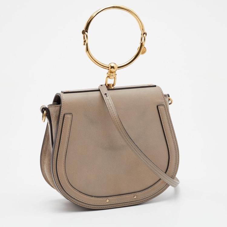 Pre Owned Chloe Khaki Grey Leather and Suede Medium Nile Bracelet Top Handle Bag