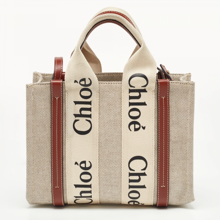 Pre Owned Chloe Beige/Tan Canvas and Leather Small Woody Tote