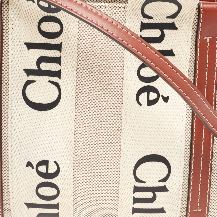 Pre Owned Chloe Beige/Tan Canvas and Leather Small Woody Tote