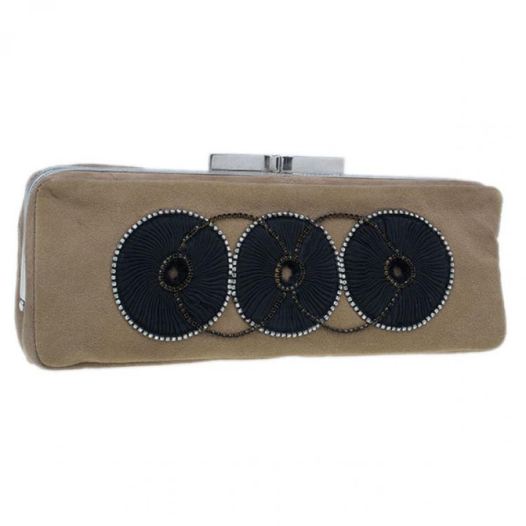 Pre Owned Chloe Beige Suede Embroidered Clutch