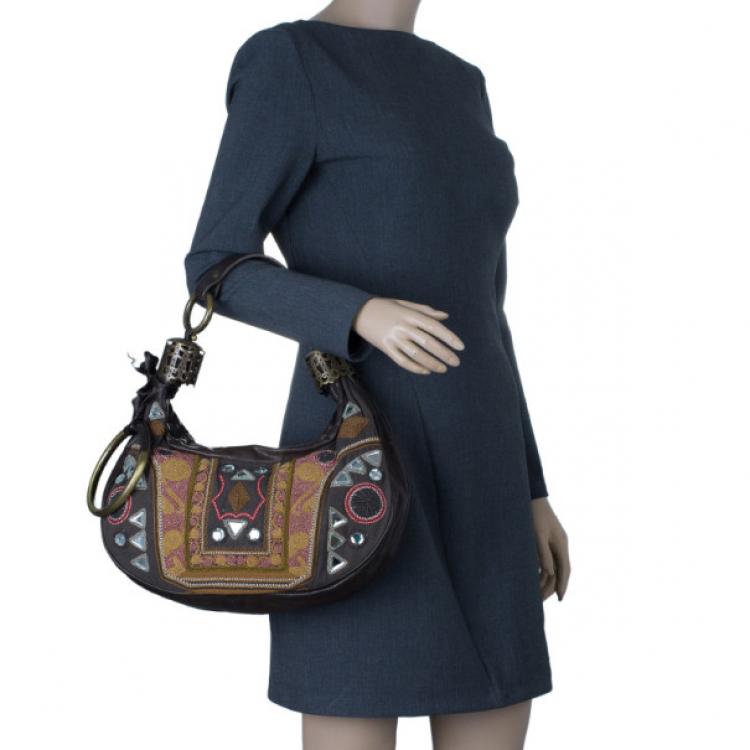 Pre Owned Chloe Brown Multicolored Embroidery Crescent Hobo