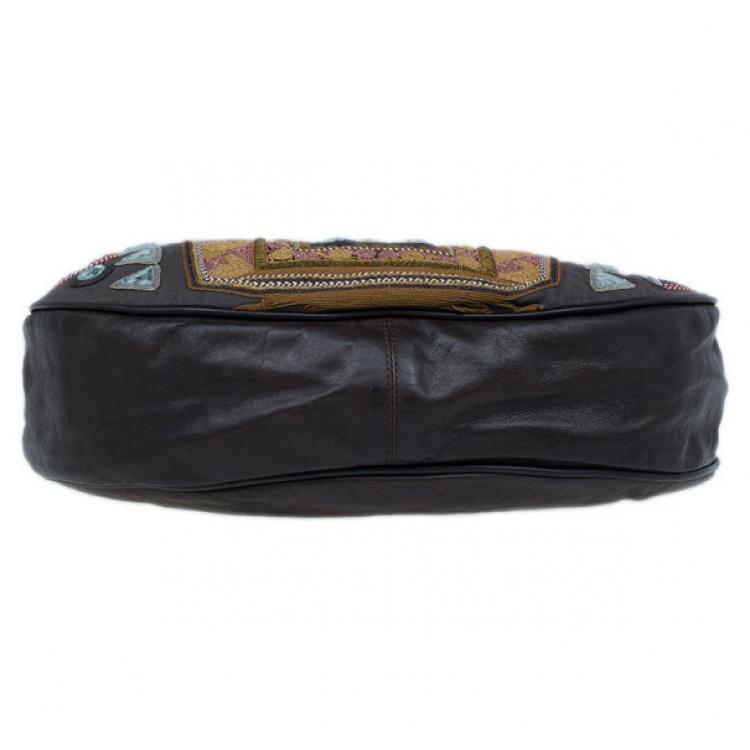 Pre Owned Chloe Brown Multicolored Embroidery Crescent Hobo