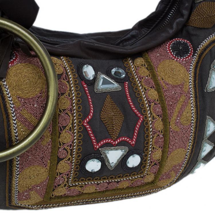 Pre Owned Chloe Brown Multicolored Embroidery Crescent Hobo