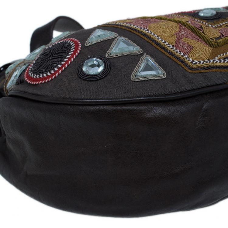 Pre Owned Chloe Brown Multicolored Embroidery Crescent Hobo