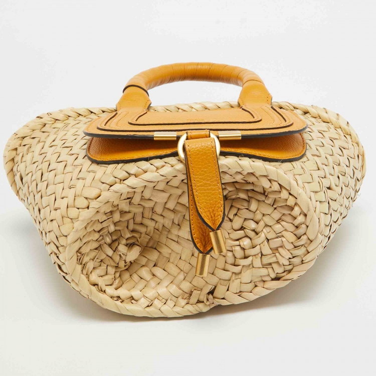 Pre Owned Chloe Yellow/Natural Raffia and Leather Mini Marcie Basket Bag